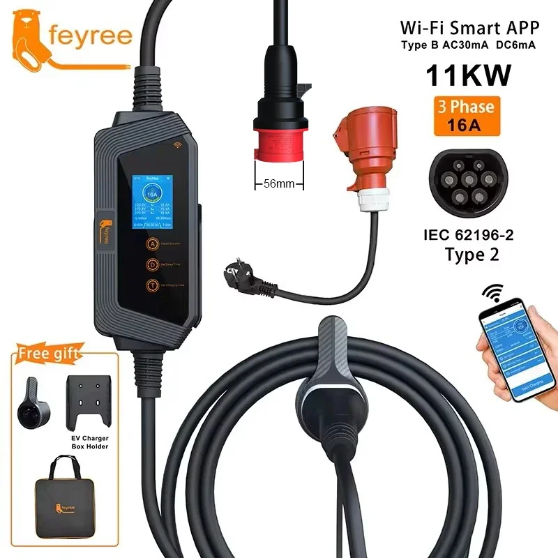 Feyree 11KW 16A 3-fasen Type 2 - Type 2 Portable Ev Charger 11Kw Cee recensie en prijs